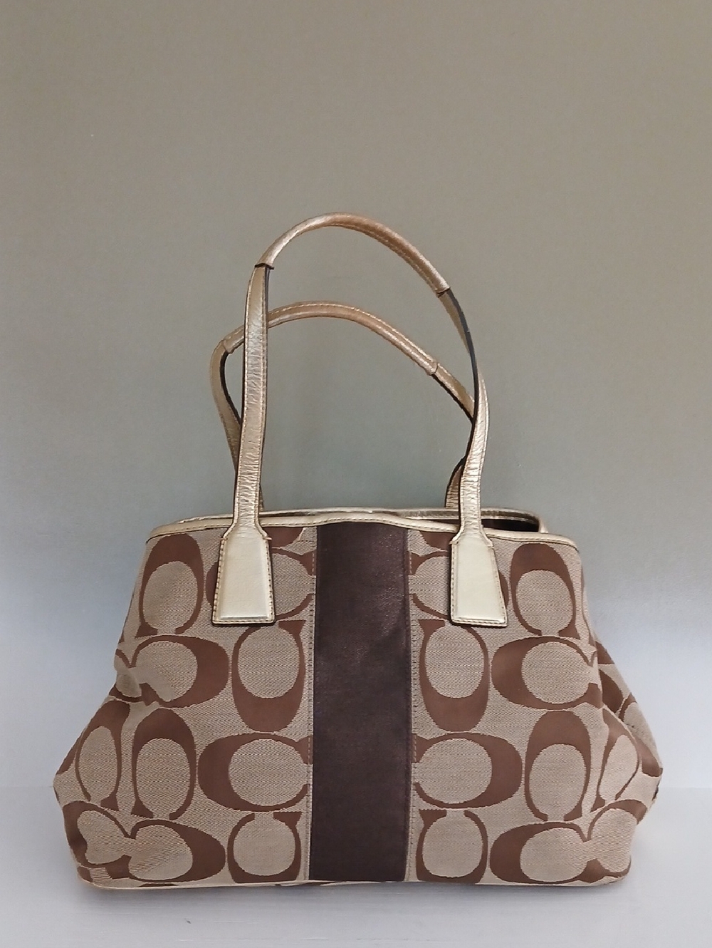 Coach Signature Brown Canvas Tote with Kiss Lock - Picture 2 of 7